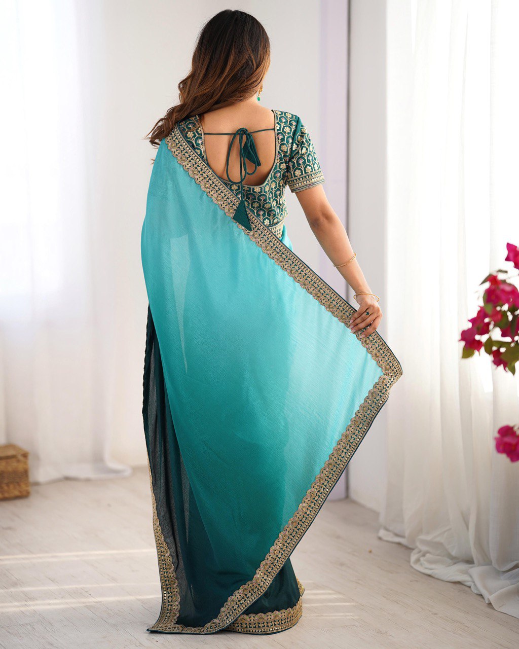 Women's Elegant Ombre Green Georgette Saree with Intricate Golden Zari & Stone Embellishments – Complete with Heavily Worked Blouse for Festive & Wedding Wear - Image 12